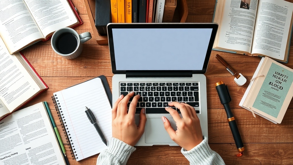 A workspace featuring a laptop, books, a notebook, and a cup of coffee, representing freelance writing.