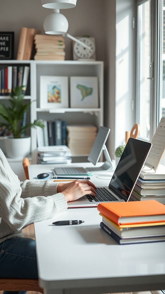 A person typing on a laptop at a well-organized desk with books and stationery.