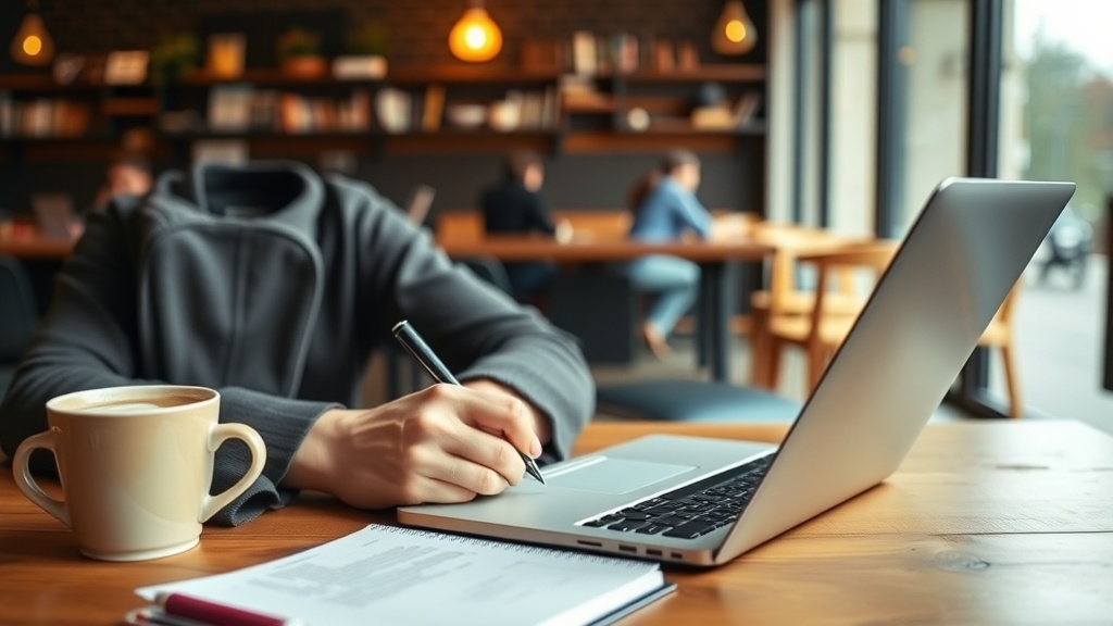 A person writing on a laptop in a café with a cup of coffee.