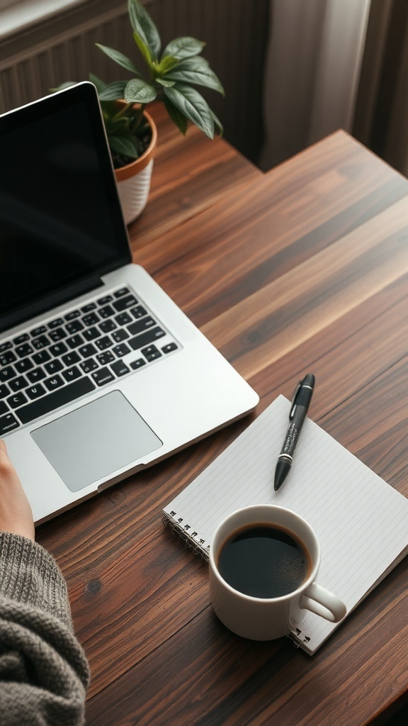 A cozy workspace with a laptop, coffee cup, and notepad on a wooden table.