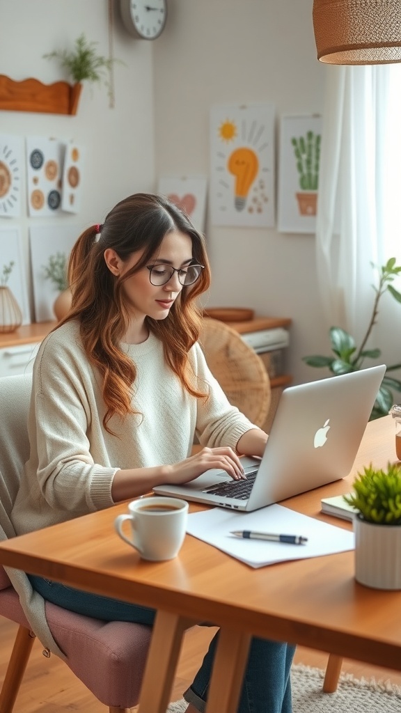A woman working on a laptop at a cozy home office, surrounded by plants and art.