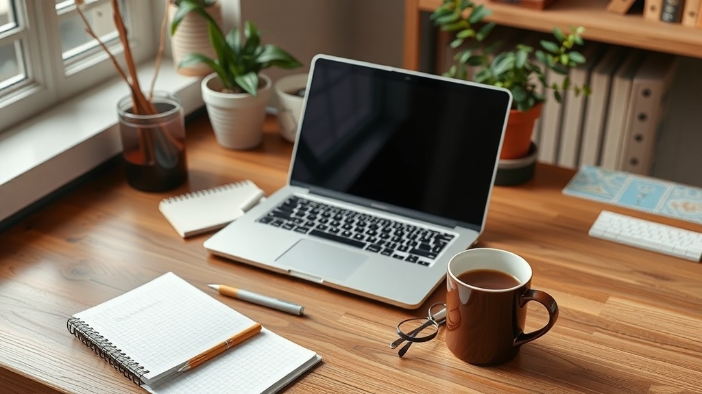 A cozy workspace featuring a laptop, notebook, and a cup of coffee, ideal for freelance writing.
