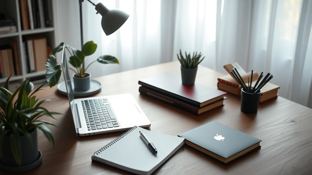A cozy workspace featuring a laptop, notebooks, and plants, ideal for freelance writing.