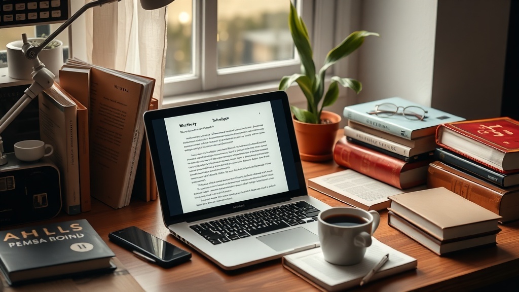 A cozy workspace with a laptop, books, and a cup of coffee, ideal for freelance writing.