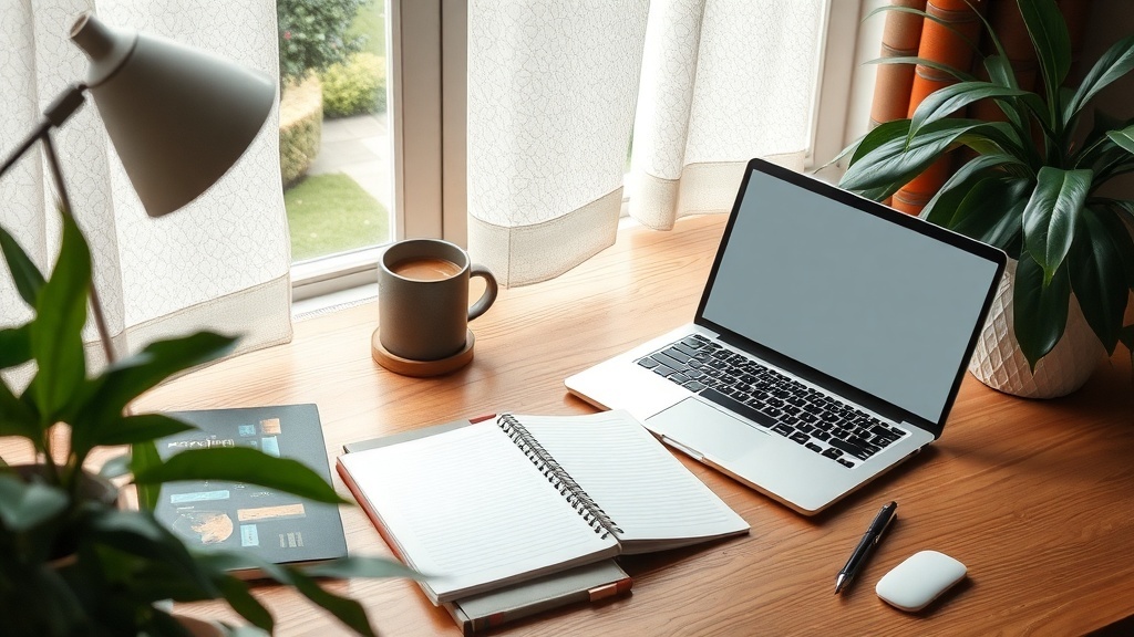 A cozy workspace featuring a laptop, notebook, coffee cup, and plants, ideal for freelance writing.