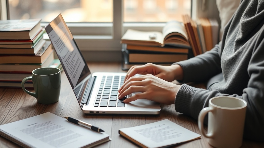 A person typing on a laptop with coffee cups and books around.