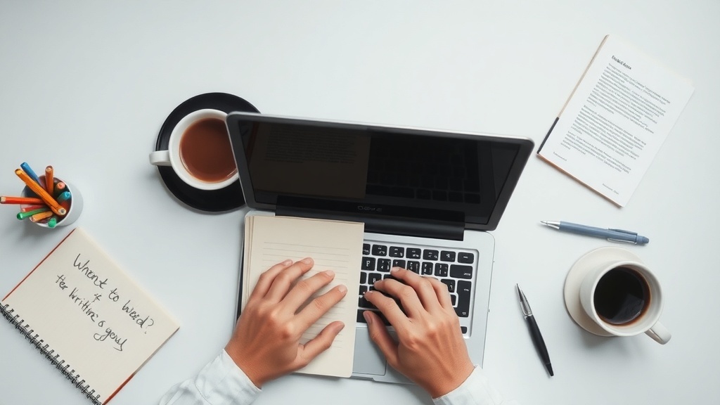 A workspace featuring a laptop, a notebook with writing prompts, colorful pens, and a cup of coffee, creating an inviting atmosphere for writing.