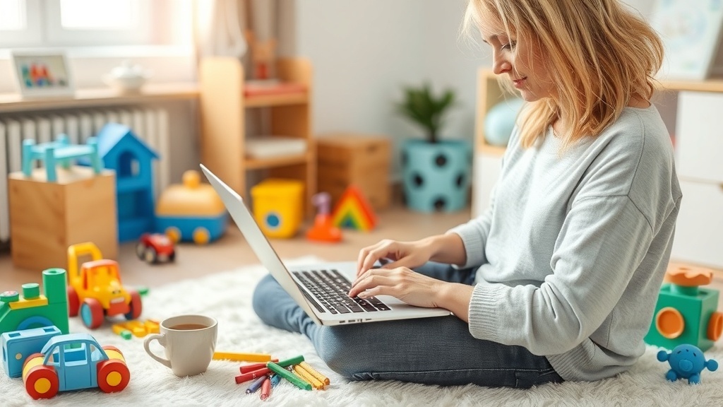 A mom working on her laptop in a cozy room filled with children's toys.