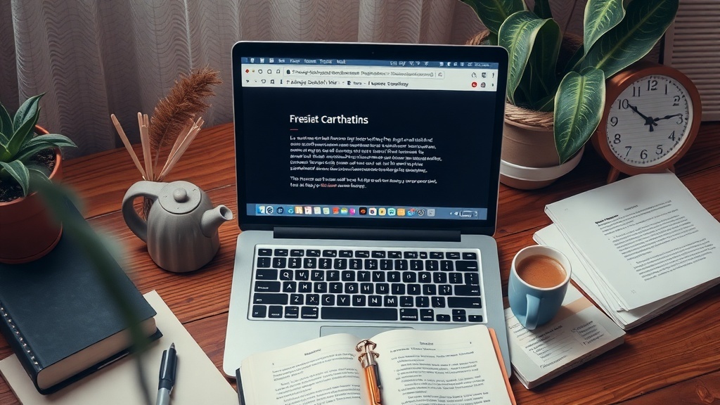 A cozy workspace with a laptop, coffee, and notes, ideal for freelance writing.