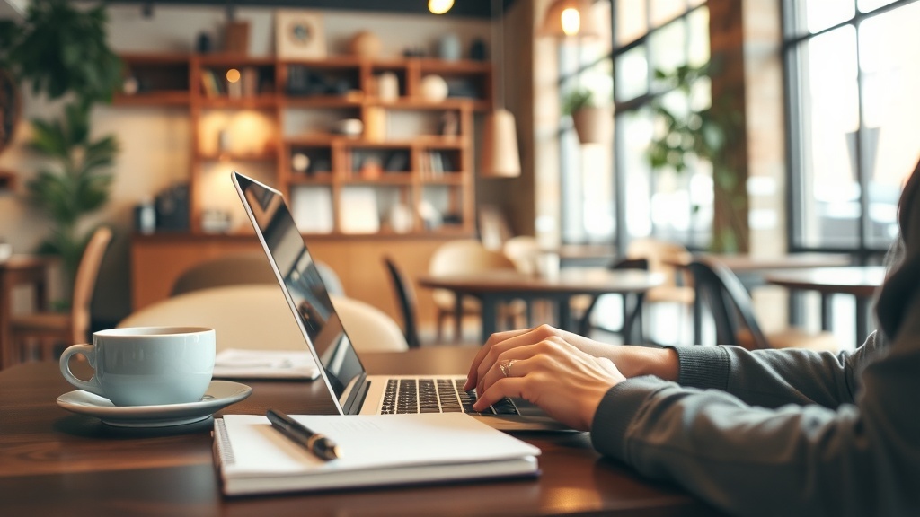 A person typing on a laptop in a cozy café with a cup of coffee and a notebook.