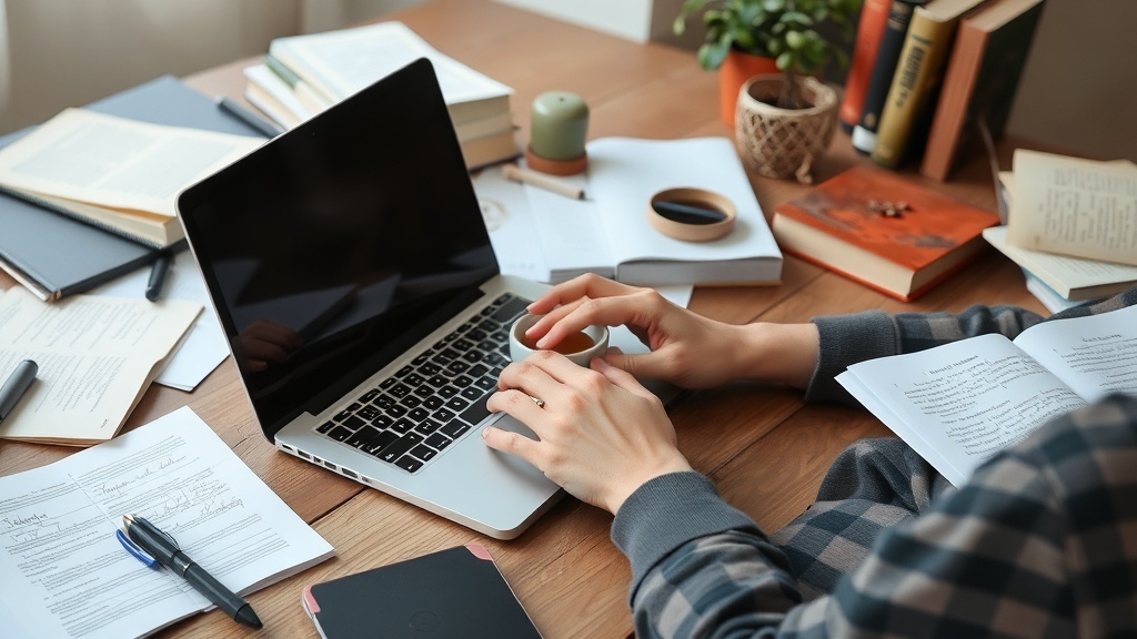 A cozy workspace with a laptop, books, and papers, representing freelance writing opportunities.