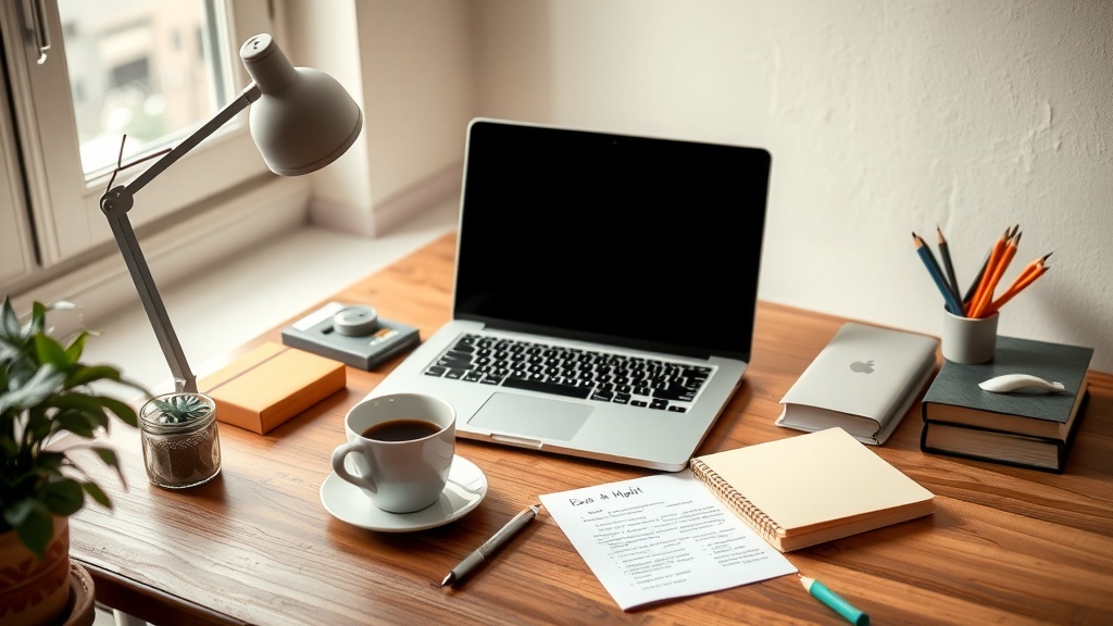 A cozy workspace with a laptop, coffee, and stationery, ideal for freelance writing.