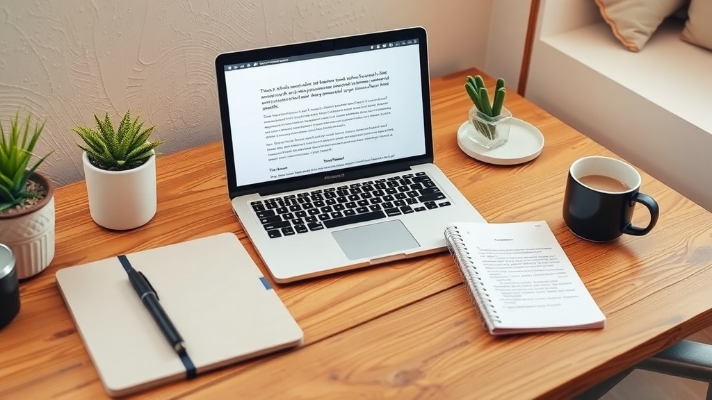 A cozy workspace featuring a laptop, notebook, pen, and a cup of coffee, ideal for freelance writing.