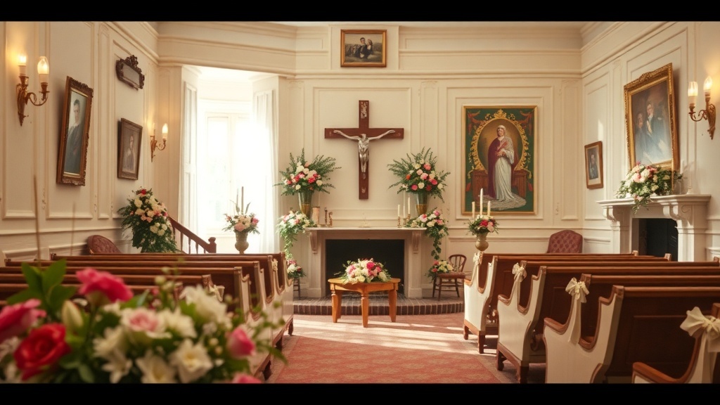 A serene chapel decorated for a funeral service, featuring flowers, portraits, and soft lighting.