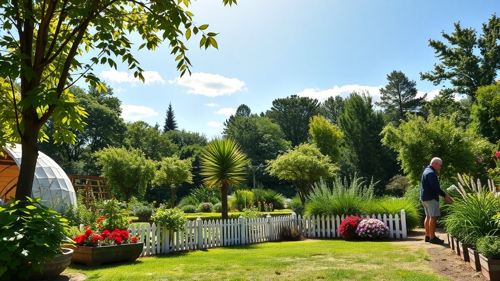 A peaceful garden scene with a person tending to plants surrounded by greenery and colorful flowers.