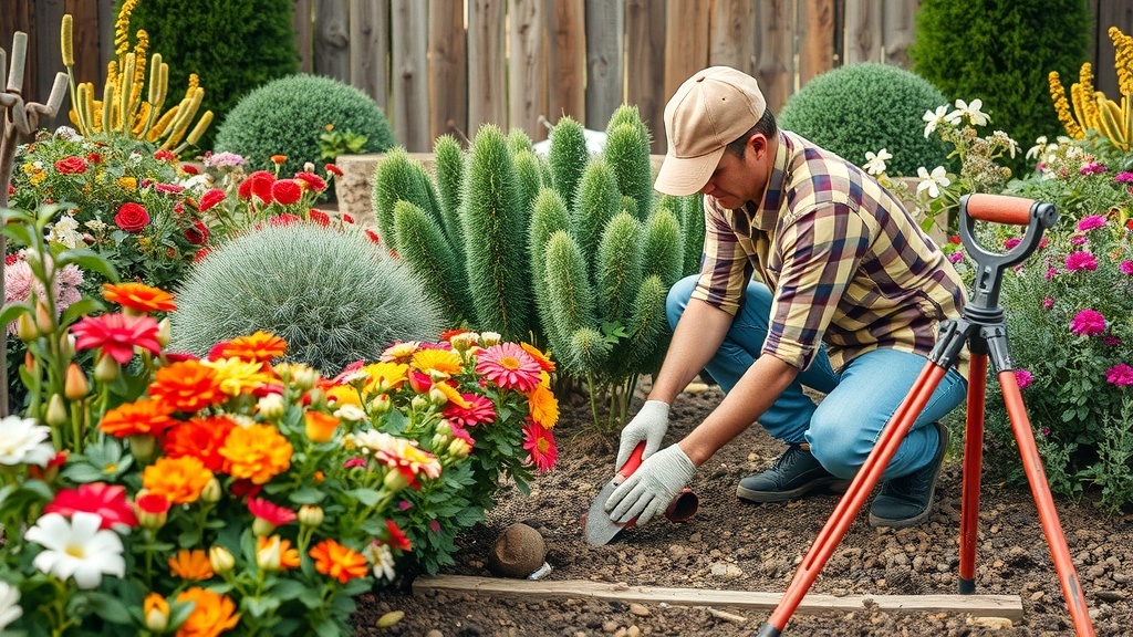 A person working in a colorful garden, planting flowers and surrounded by greenery.