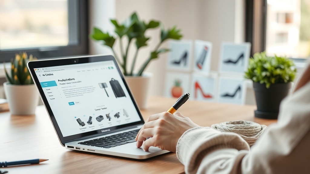 A person typing on a laptop with product images in the background.