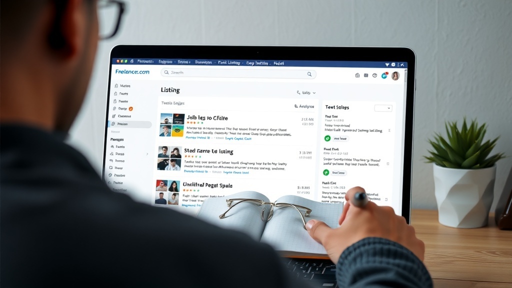 A person looking at job listings on Freelancer.com for subtitle writing.