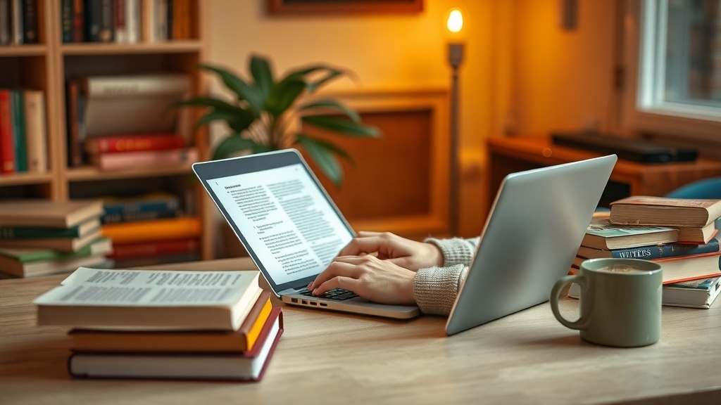 A cozy writing workspace with a laptop, books, and a cup of coffee.