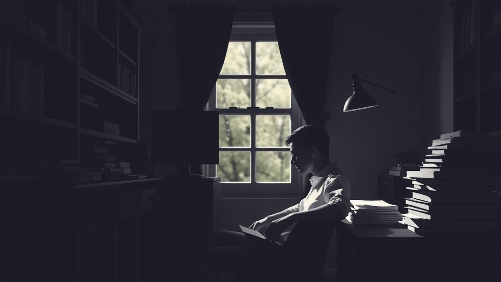 A thoughtful writer sitting in a dimly lit room, surrounded by books, contemplating their work.
