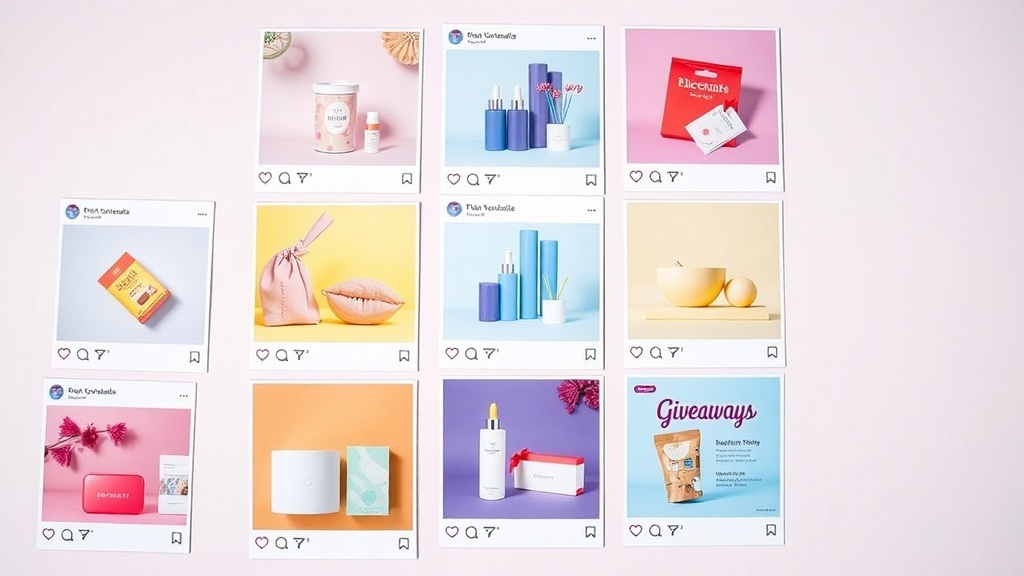 A collection of colorful product images displayed as social media posts, featuring various items and a giveaway announcement.