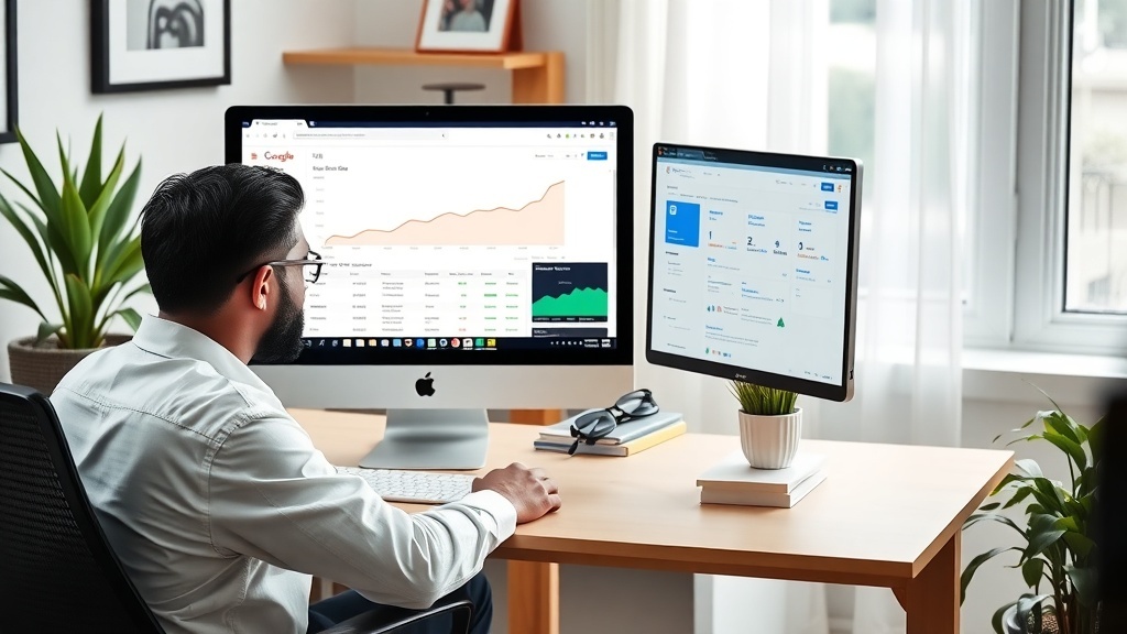 A person working at a desk with two monitors, analyzing Google Ads data and metrics.