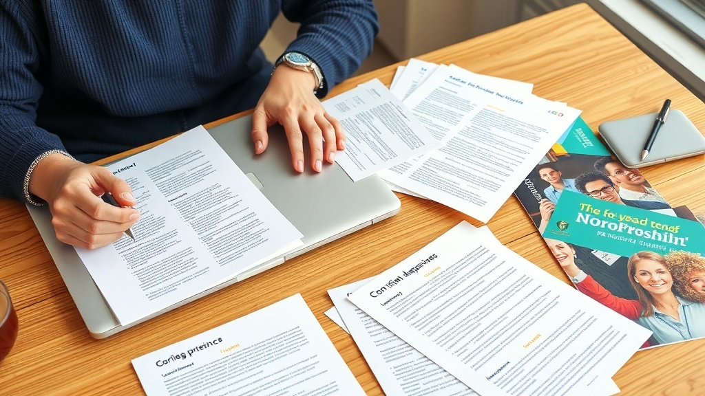 A person writing on a laptop with various documents spread out on a wooden table.