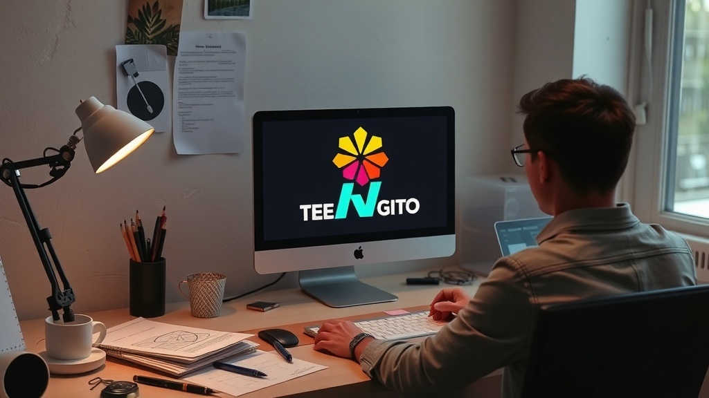 A person working on graphic design at a computer in a cozy workspace