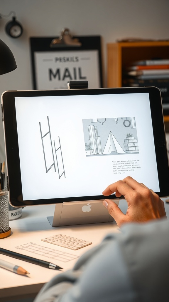 A person working on graphic design on a tablet with sketches and a keyboard nearby.