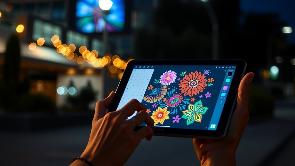 A person using a tablet to create colorful floral designs at night