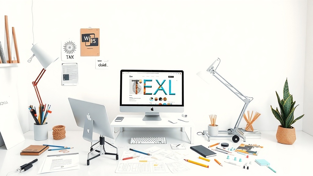 A clean and organized graphic design workspace featuring a computer, colorful stationery, and plants.