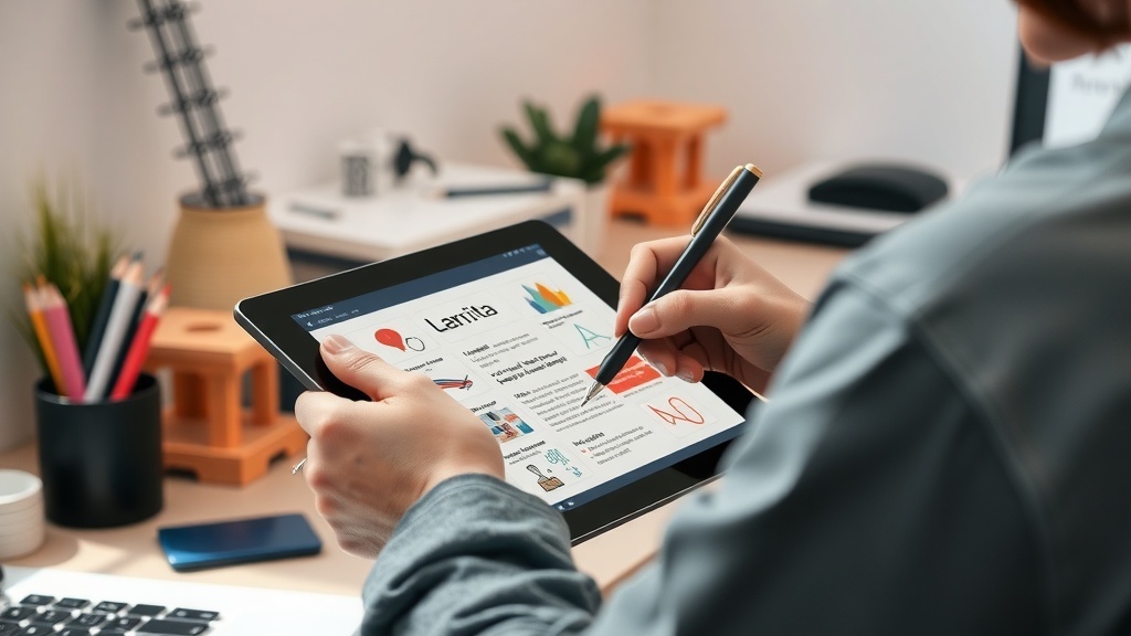 A person working on a tablet, sketching graphic design ideas in a home office setting.