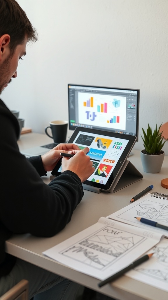 A person working on graphic design projects using a tablet and computer.