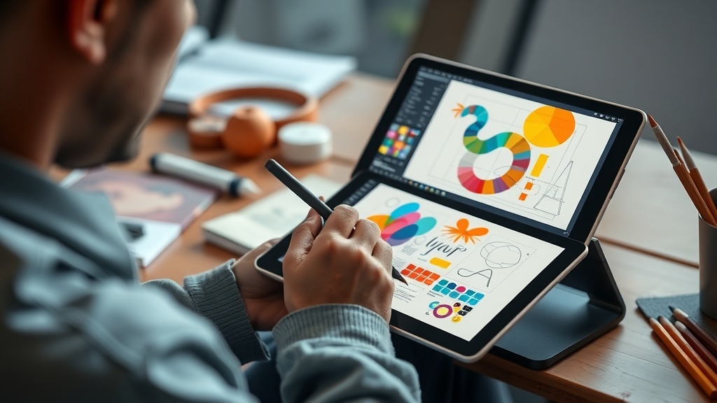 A person working on graphic design projects using a tablet, showcasing colorful designs and a creative workspace.