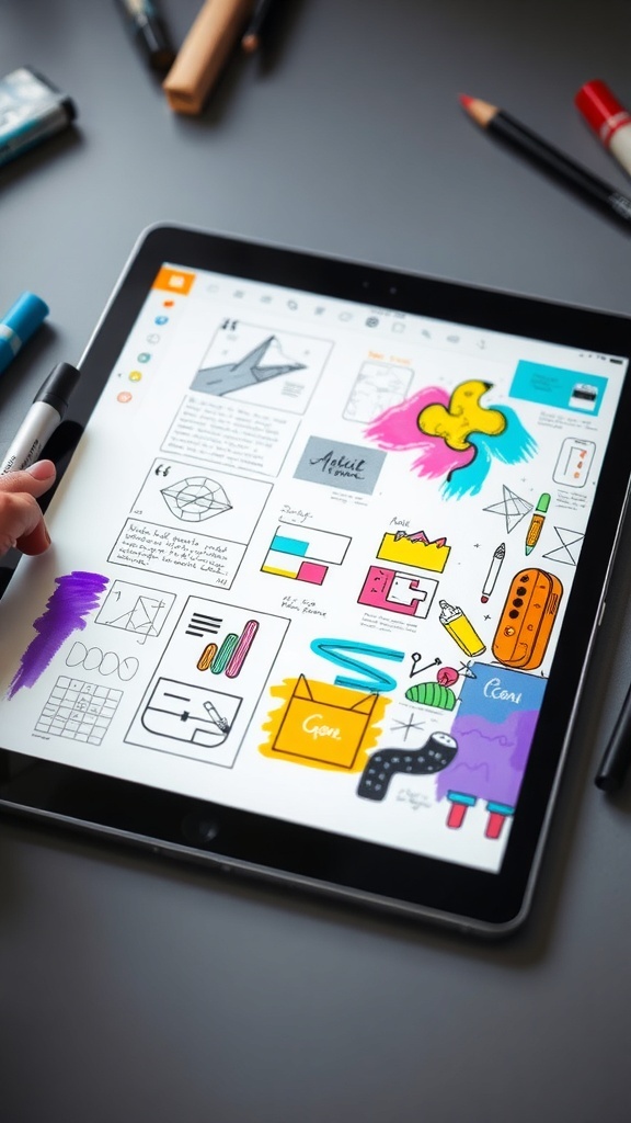 A digital tablet displaying colorful graphic design sketches and notes.