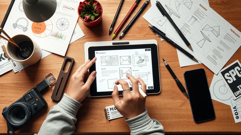 A person working on graphic design projects with a tablet and various design materials on a desk.