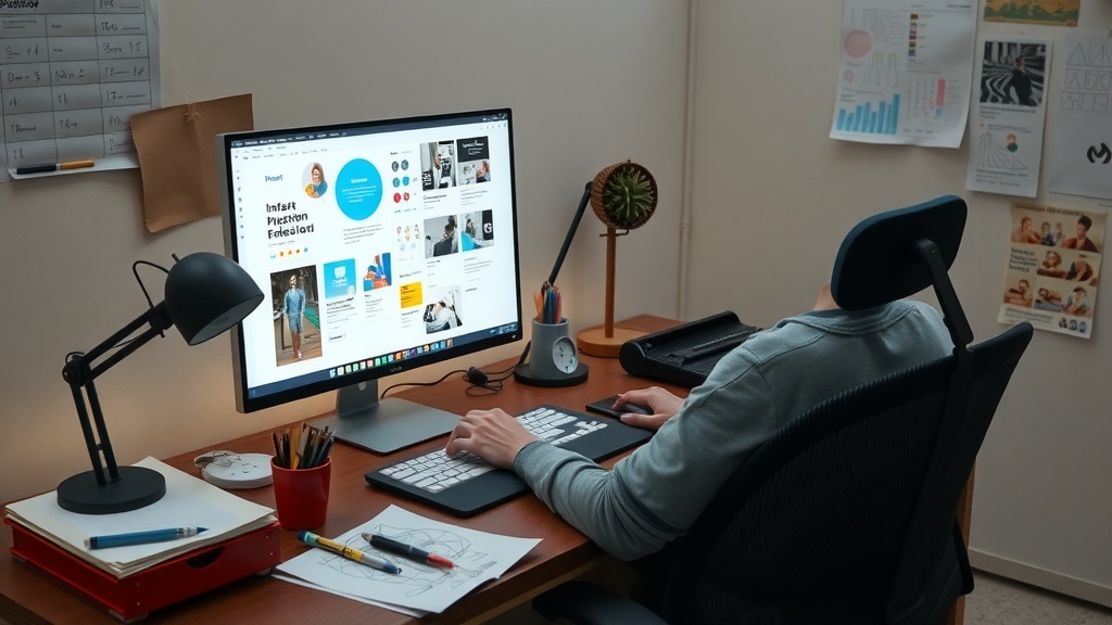 A person working on graphic design projects at a desk with a computer and design tools.