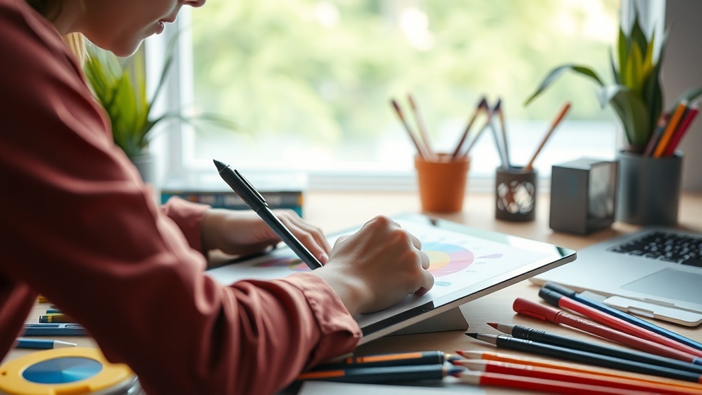 A person drawing on a digital tablet surrounded by colorful art supplies.