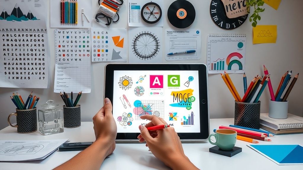 A workspace with a tablet showing graphic design elements, surrounded by colorful pencils and sketches.