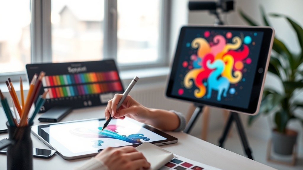 A person drawing on a tablet with colorful designs on the screen, surrounded by art supplies and a color palette.