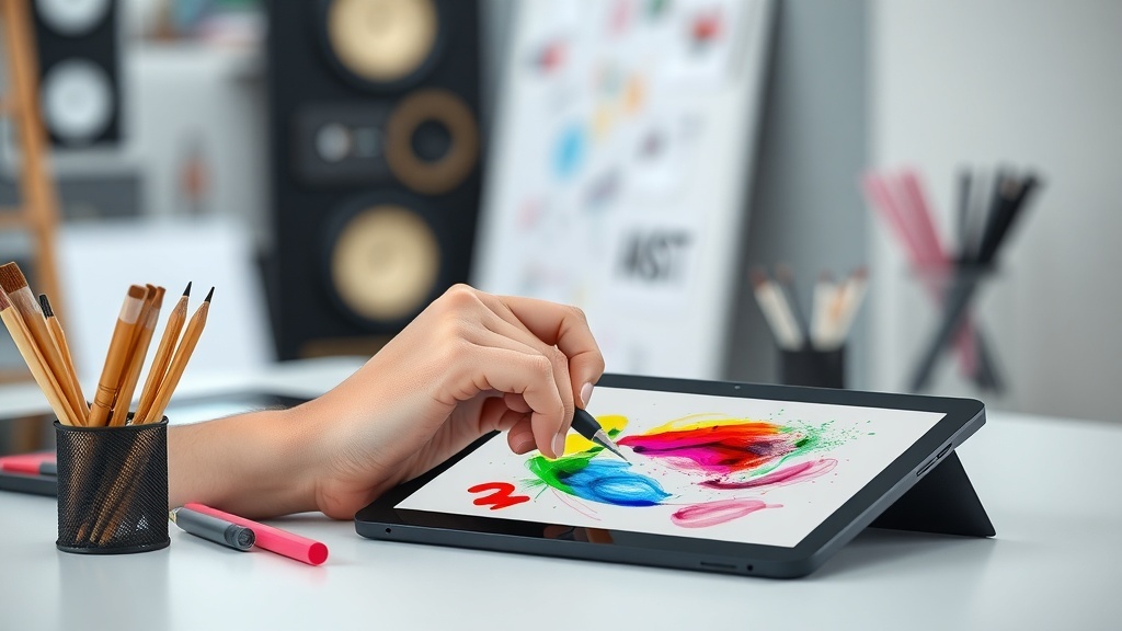 A hand drawing colorful artwork on a digital tablet with art supplies nearby.