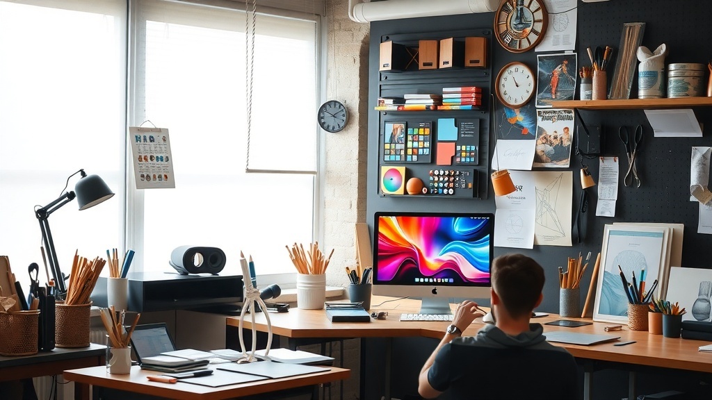 A cozy graphic design workspace featuring a computer, art supplies, and sketches.