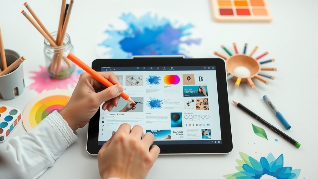 A person using a tablet for graphic design, surrounded by colorful art supplies.