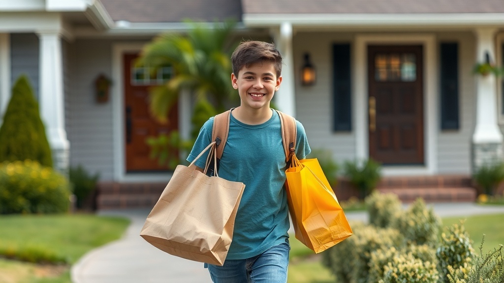 A teenager smiling while carrying grocery bags outside a house.