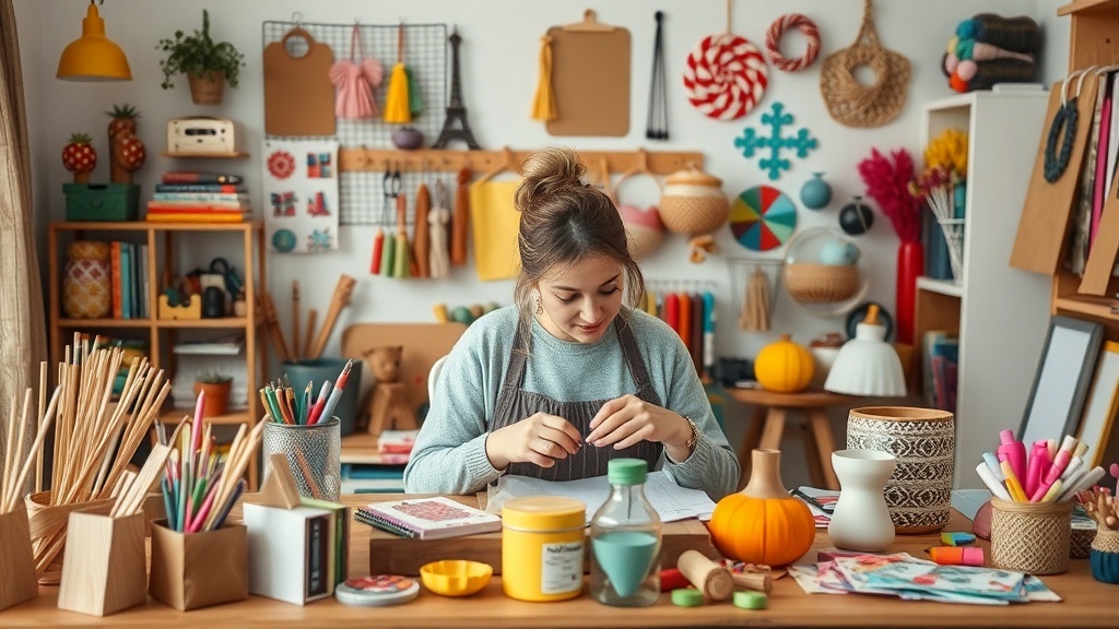 A woman working on handmade crafts in a colorful and organized craft space.