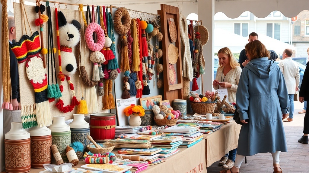 A market stall displaying colorful handmade crafts and goods, with people browsing.