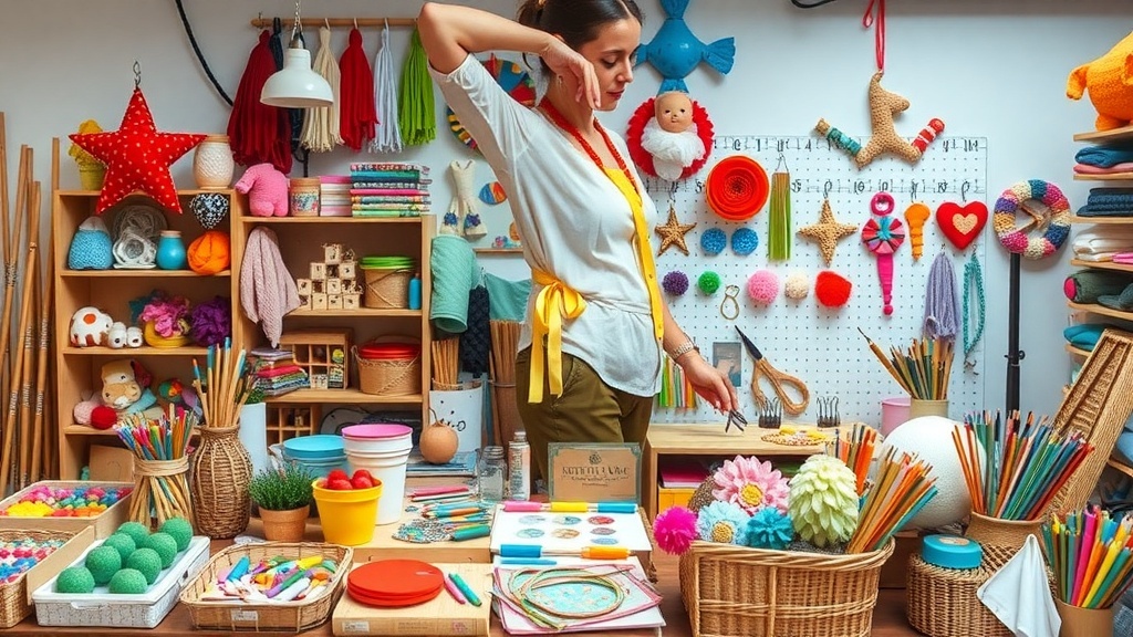 A colorful crafting workspace filled with various materials and tools for handmade crafts.