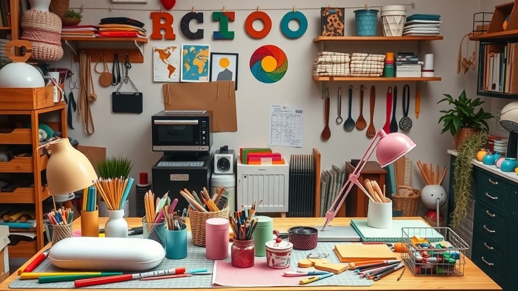 A colorful and organized crafting workspace filled with supplies like paintbrushes, yarn, and tools.