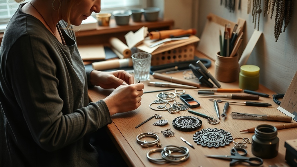 A person working on handmade jewelry at a cluttered desk filled with tools and materials.