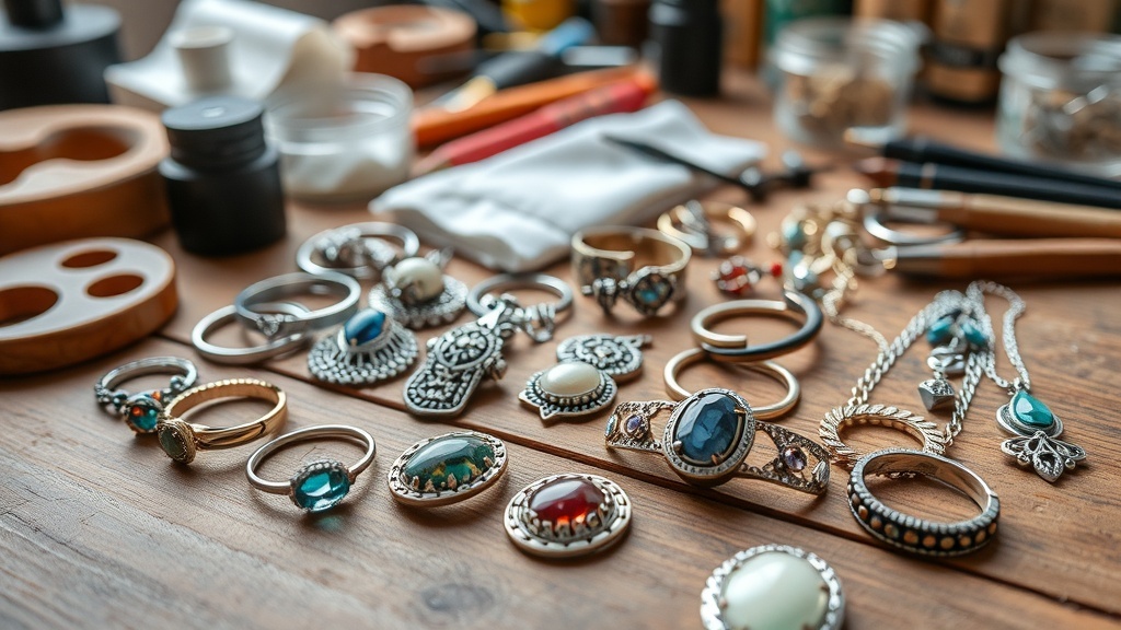 A collection of handmade jewelry including rings and necklaces on a wooden surface.